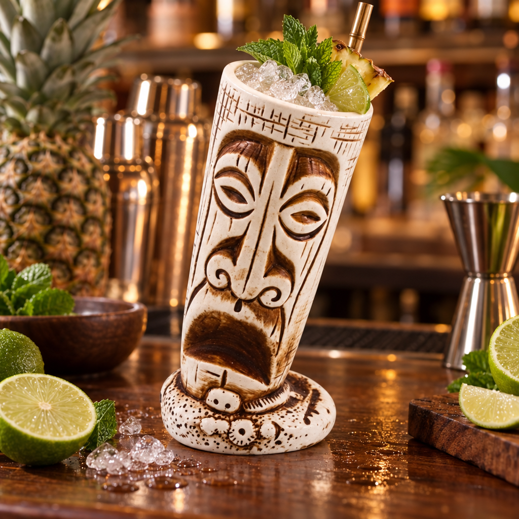 Verre Tiki en Céramique Visage Polynésien - mise en scène bar