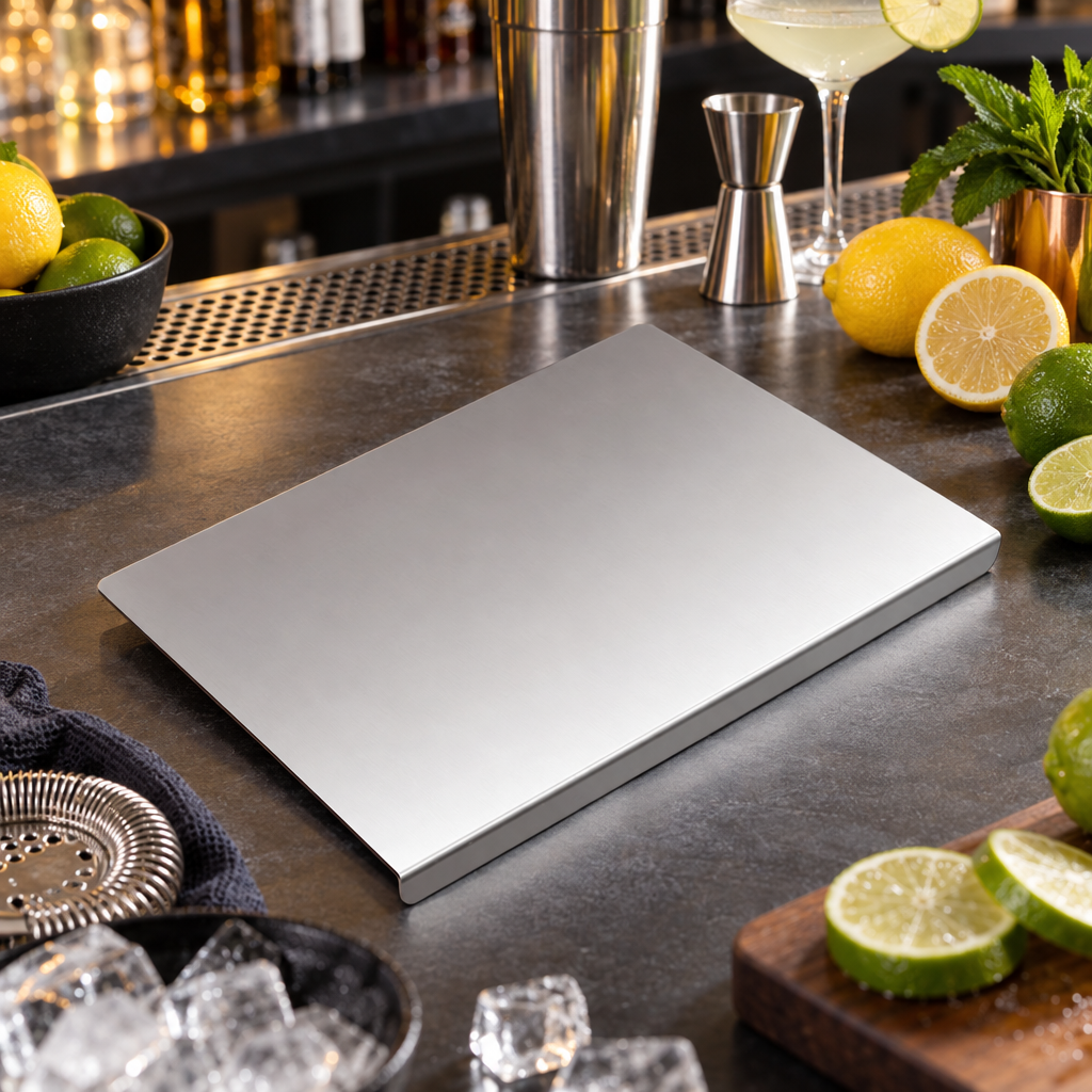 Planche à Découper Inox avec Rebord - mise en scène bar