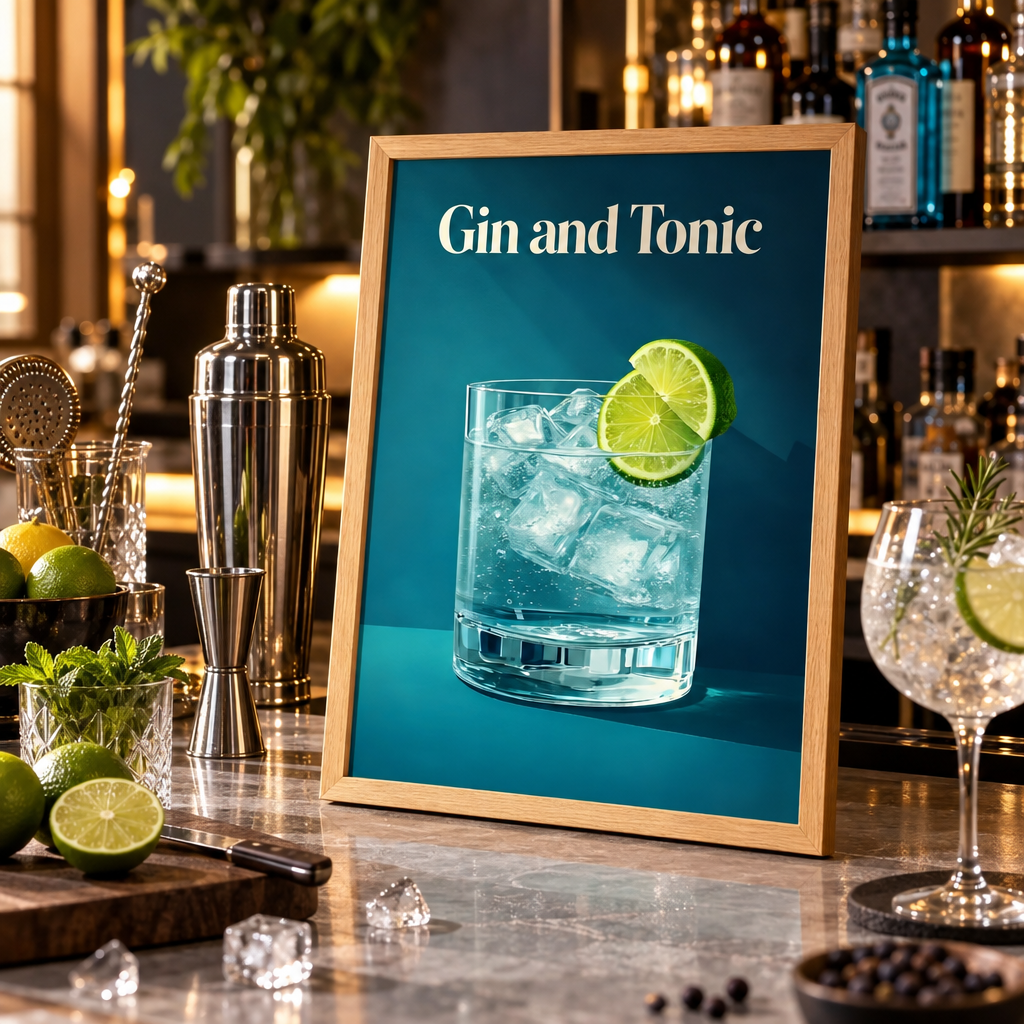 Poster classique de cocktail Gin & Tonic - mise en scène bar
