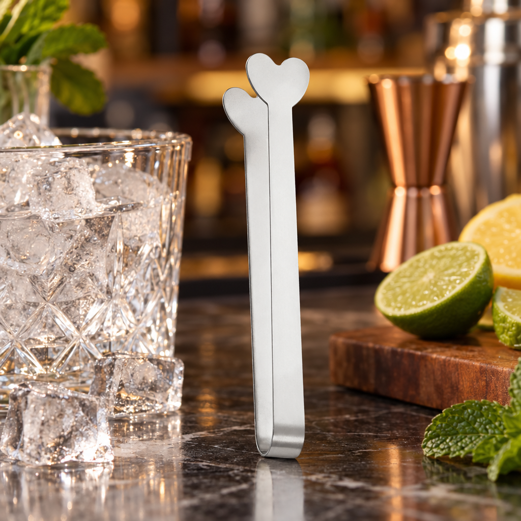Pince à glaçons en acier inoxydable avec manche en forme de cœur - mise en scène bar