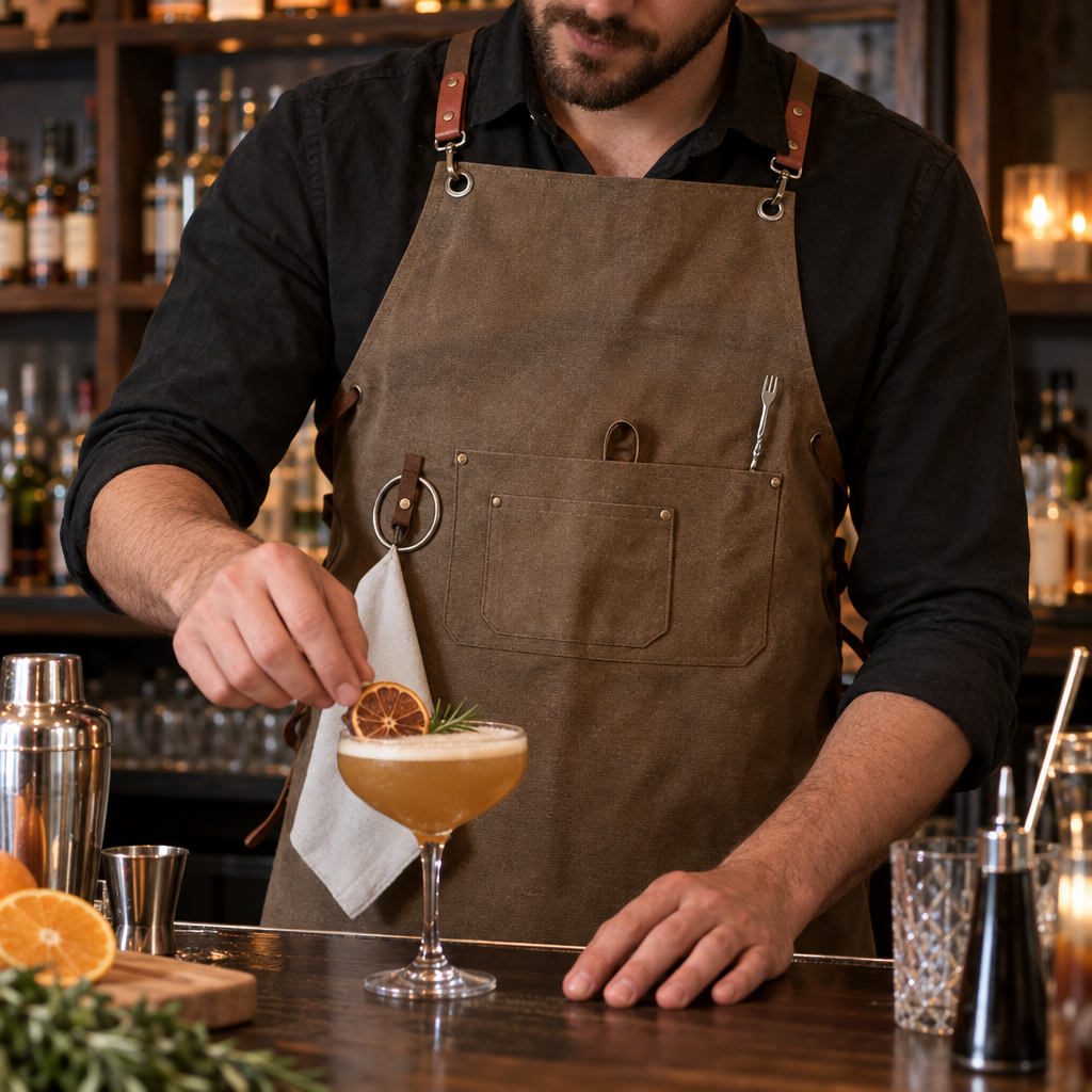Tablier Barman Barista Marron en Toile Canvas 100% Coton - en situation d'utilisation