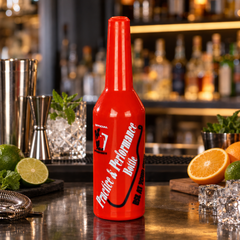 Bouteille de Flair Bartending Rouge - mise en scène bar