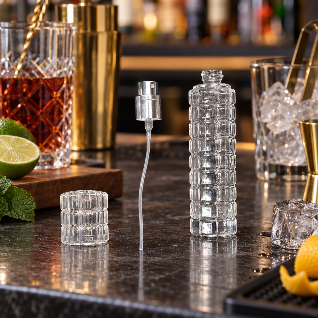 Flacon Doseur Rechargeable 30ml en Verre — Motif Damier - mise en scène bar