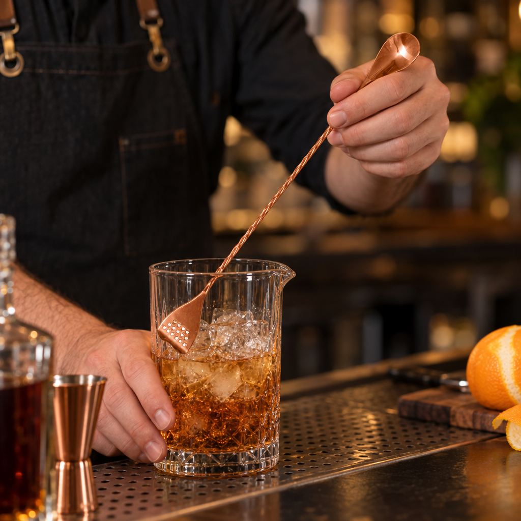 Cuillère de Bar Cuivrée avec Passoire — 30 ou 40 cm - en situation d'utilisation
