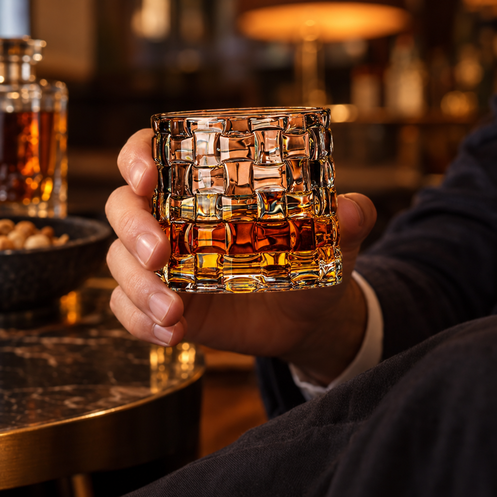 Verre à Whisky Rotatif en Verre Cristallin - en situation d'utilisation