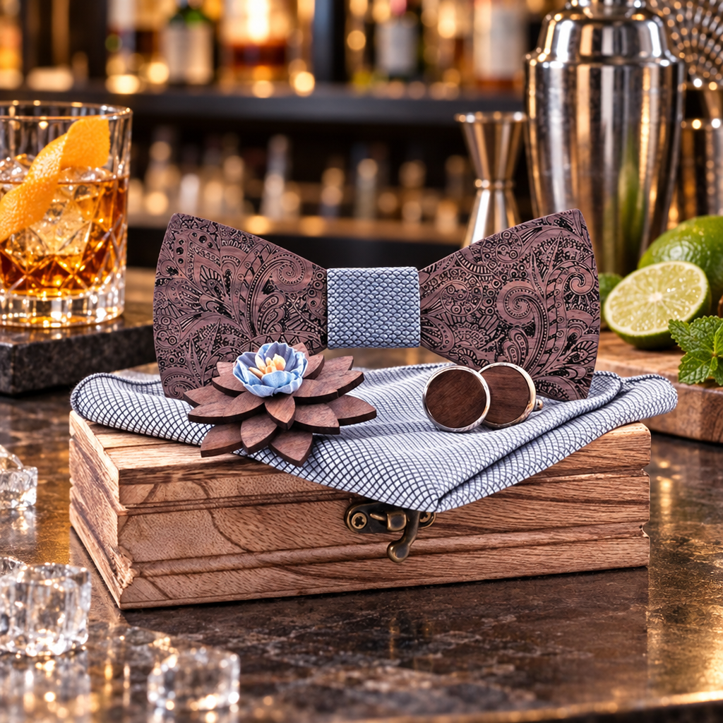 Noeud Papillon Gris en Bois - mise en scène bar
