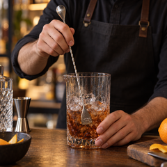Cuillère de Bar Argentée avec Passoire — 30 ou 40 cm - en situation d'utilisation