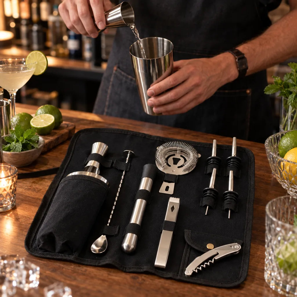 Barman versant une dose d'alcool du verre doseur dans le gobelet du shaker, trousse ouverte avec citrons verts et menthe fraîche