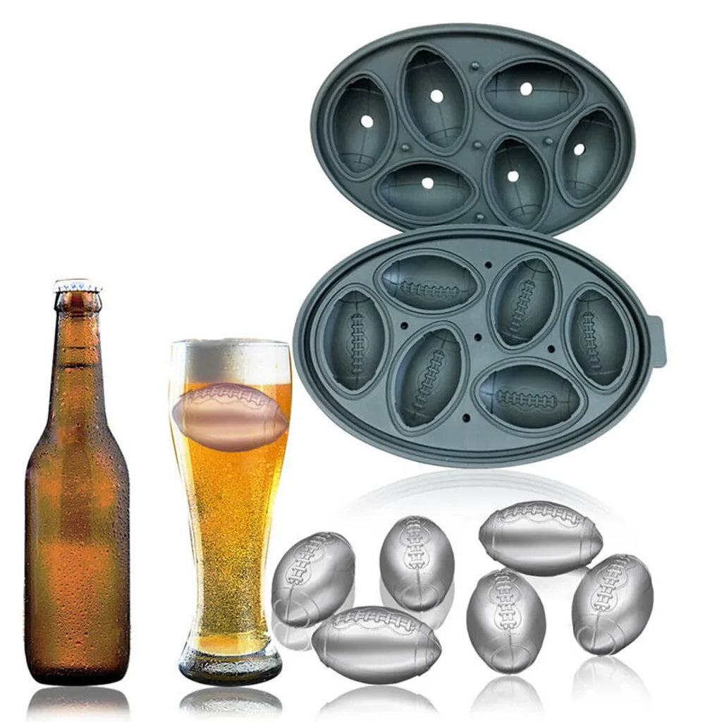 Moule à glaçons ballons de rugby comparé à une bouteille et un verre de bière pour visualiser sa taille