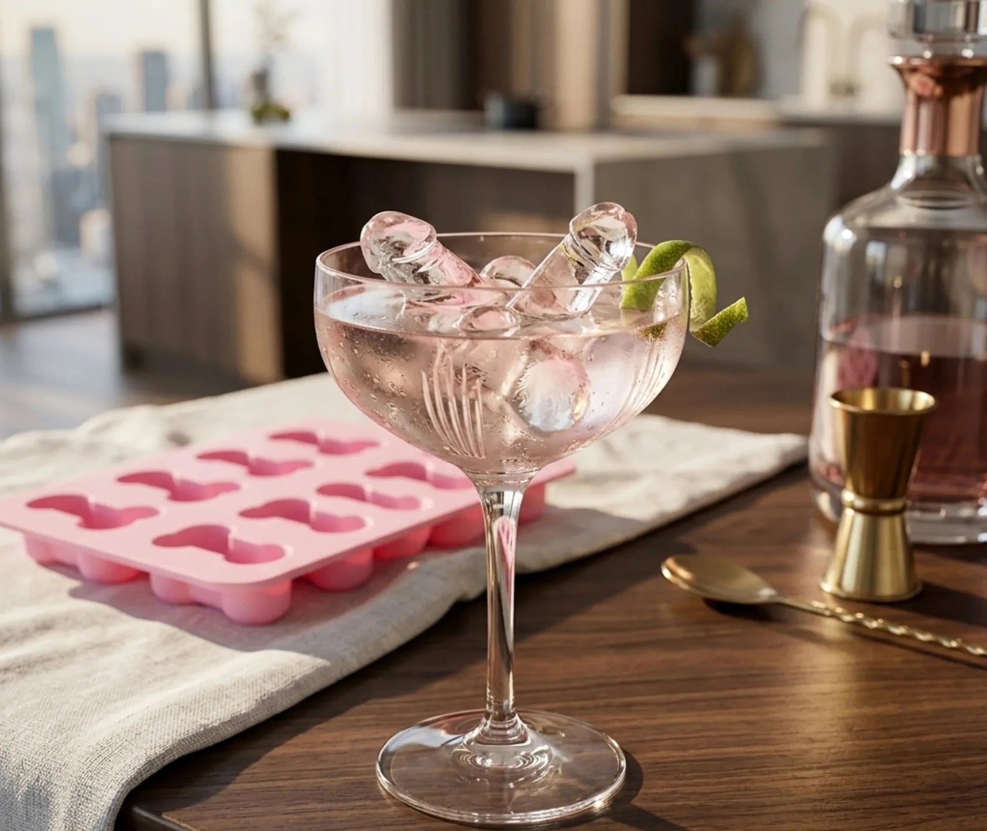 Glaçons en forme de zizi dans une coupe de cocktail avec un zeste de citron vert, ambiance appartement avec vue sur la ville