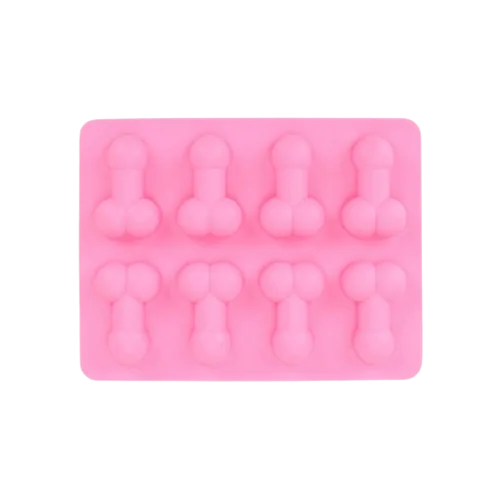 Moule à glaçons en forme de zizi en silicone rose, vu de face sur fond blanc