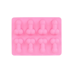 Moule à glaçons en forme de zizi en silicone rose, vu de face sur fond blanc