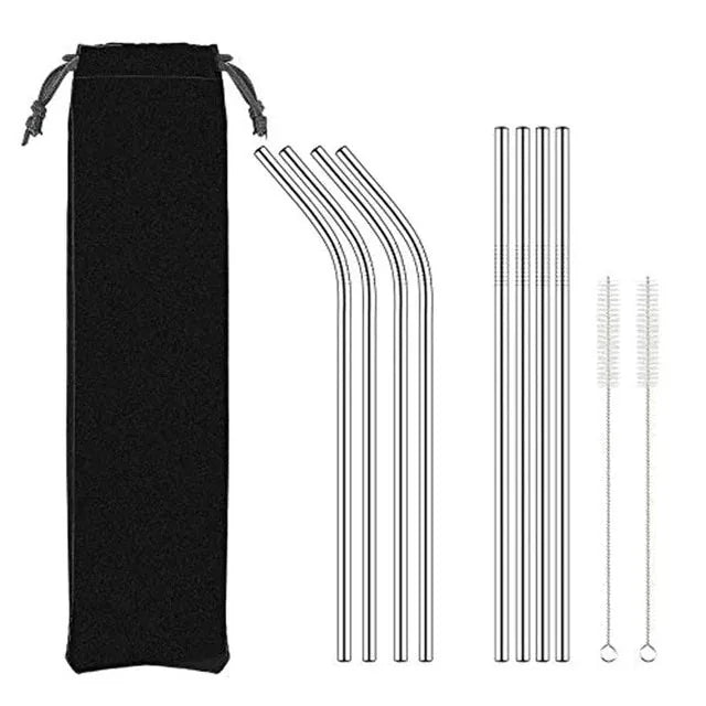 Kit de huit grandes pailles en inox, quatre courbées et quatre droites, livré avec deux goupillons et une pochette de rangement noire.