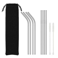 Kit de huit grandes pailles en inox, quatre courbées et quatre droites, livré avec deux goupillons et une pochette de rangement noire.