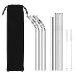 Kit de grandes pailles en inox comprenant quatre courbées, quatre droites et une paille large, avec deux goupillons et une pochette noire.