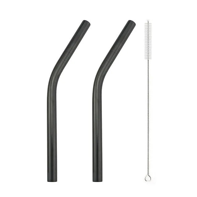 Duo de pailles courbées en inox noir mat avec leur goupillon de nettoyage.