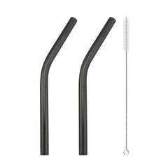 Duo de pailles courbées en inox noir mat avec leur goupillon de nettoyage.