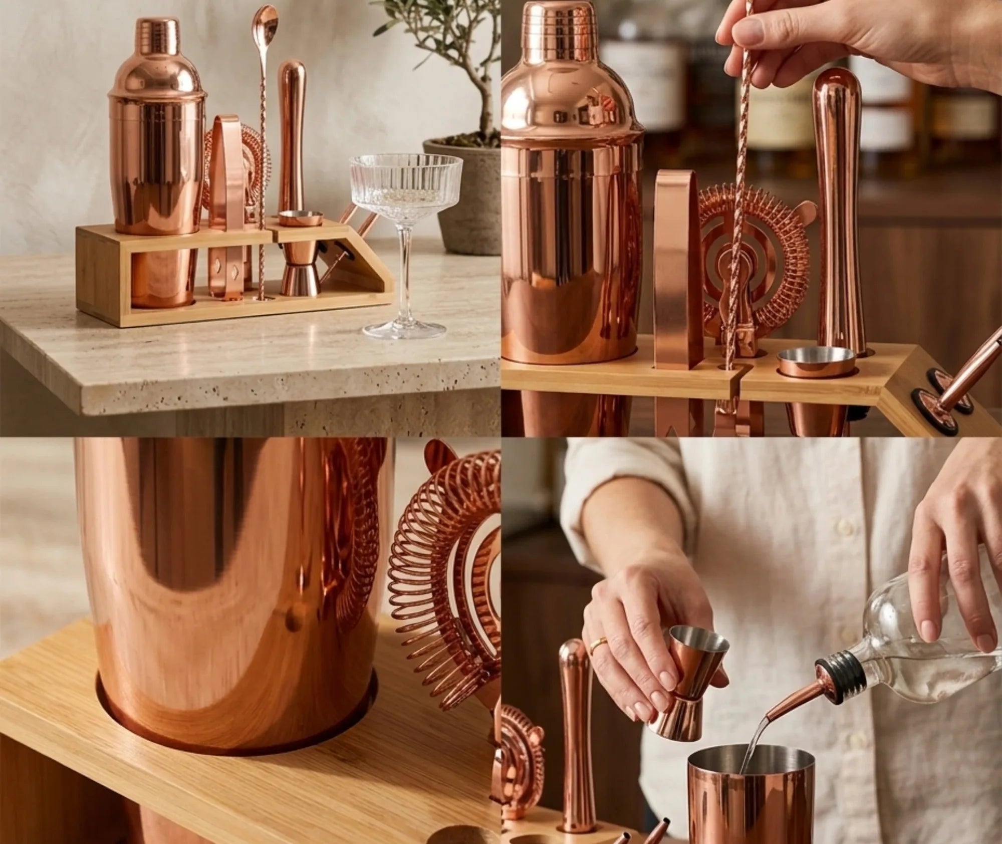 Collage d'utilisation du kit cocktail rose gold : présentation cuisine, préparation, reflets métalliques et dosage