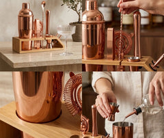Collage d'utilisation du kit cocktail rose gold : présentation cuisine, préparation, reflets métalliques et dosage
