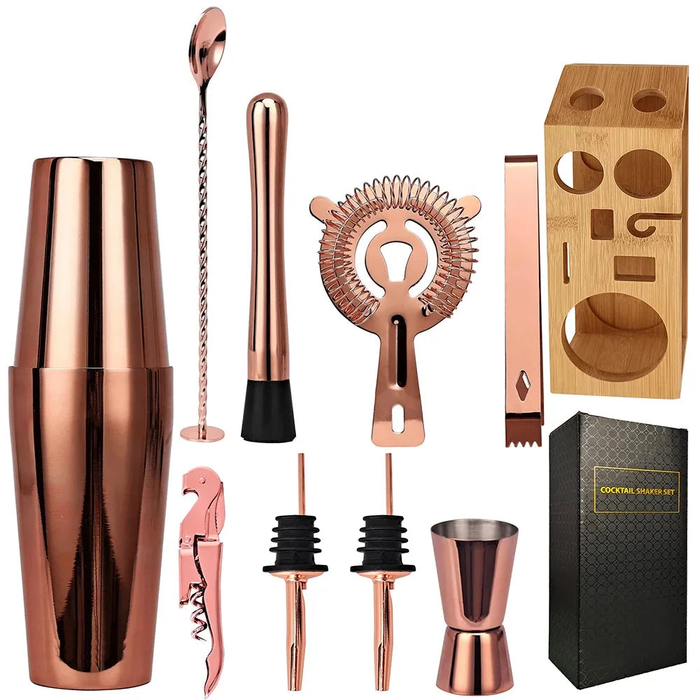 Kit cocktail 9 pièces rose gold complet avec son coffret bambou et sa boîte cadeau