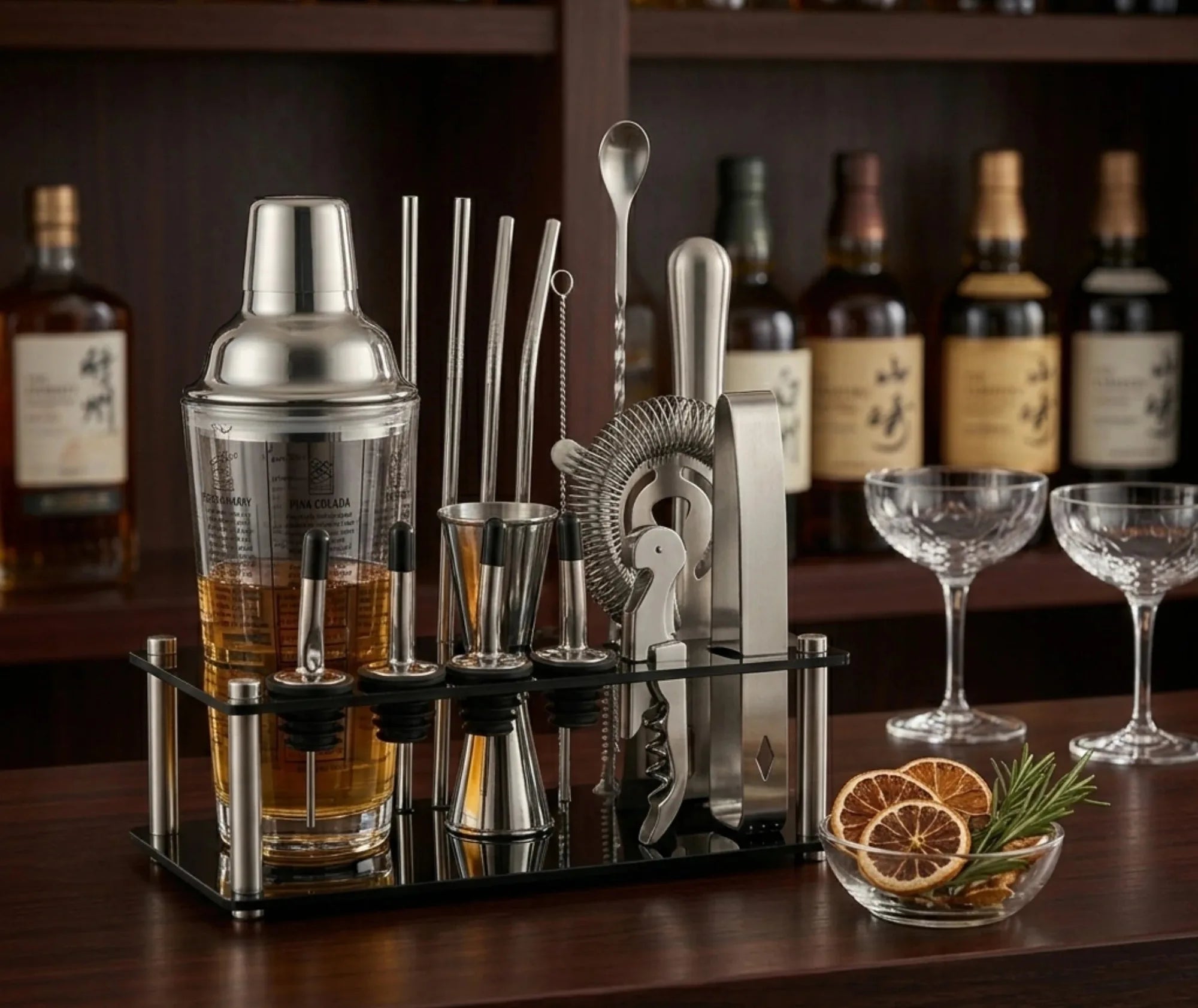 Kit cocktail avec shaker posé sur un bar en bois, entouré de bouteilles, verres et agrumes séchés