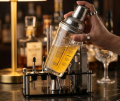 Main tenant le shaker du kit cocktail au-dessus du bar, cocktail Piña Colada en préparation