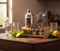 Kit cocktail en bois installé sur un plan de travail avec verres, citron vert et feuilles de menthe, lumière naturelle.