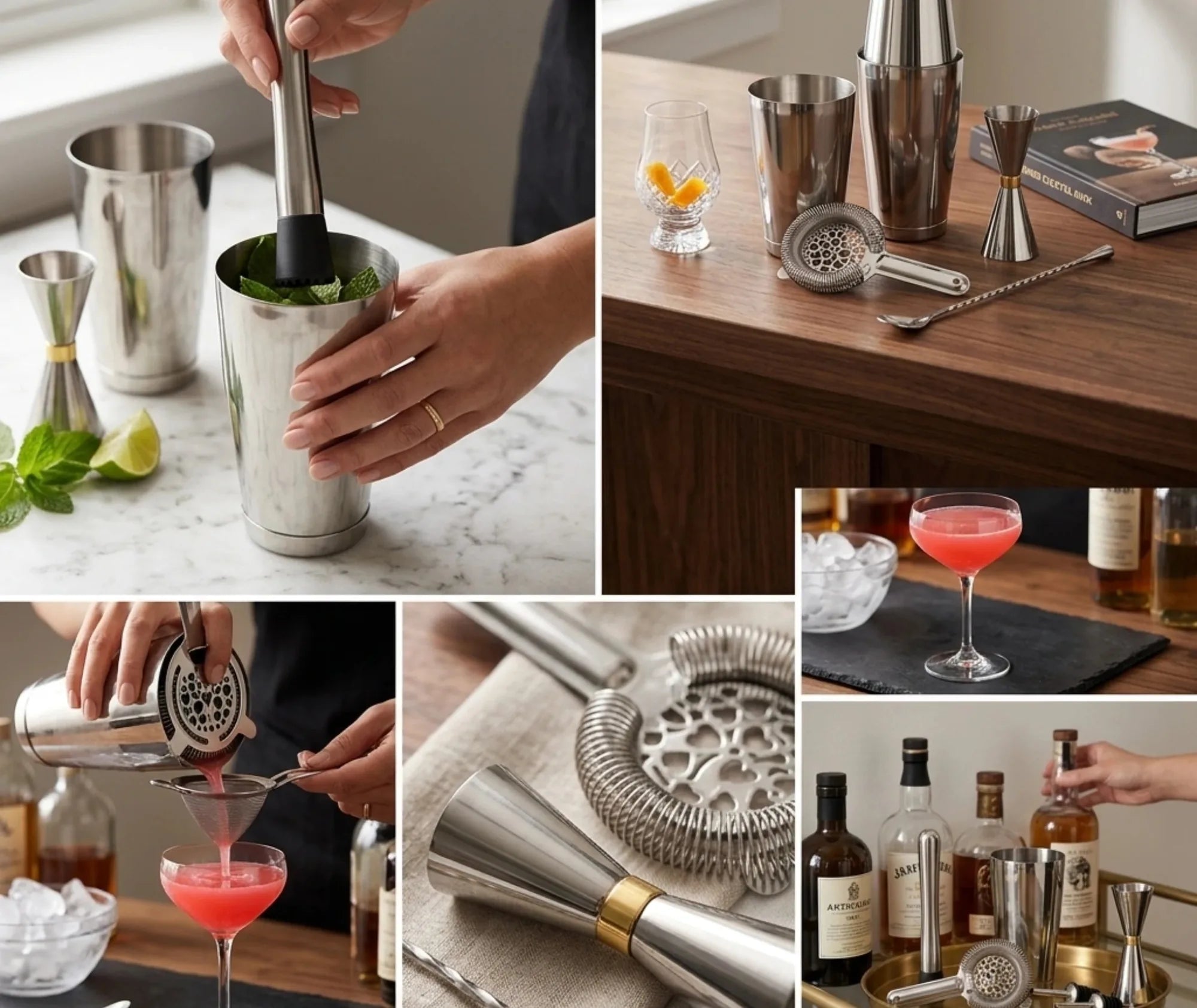 Collage de photos en situation du kit cocktail Boston : préparation d'un mojito, doseur et passoire sur un bar en bois, cocktail rose servi dans une coupe