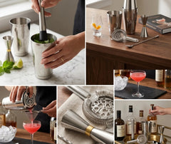 Collage de photos en situation du kit cocktail Boston : préparation d'un mojito, doseur et passoire sur un bar en bois, cocktail rose servi dans une coupe