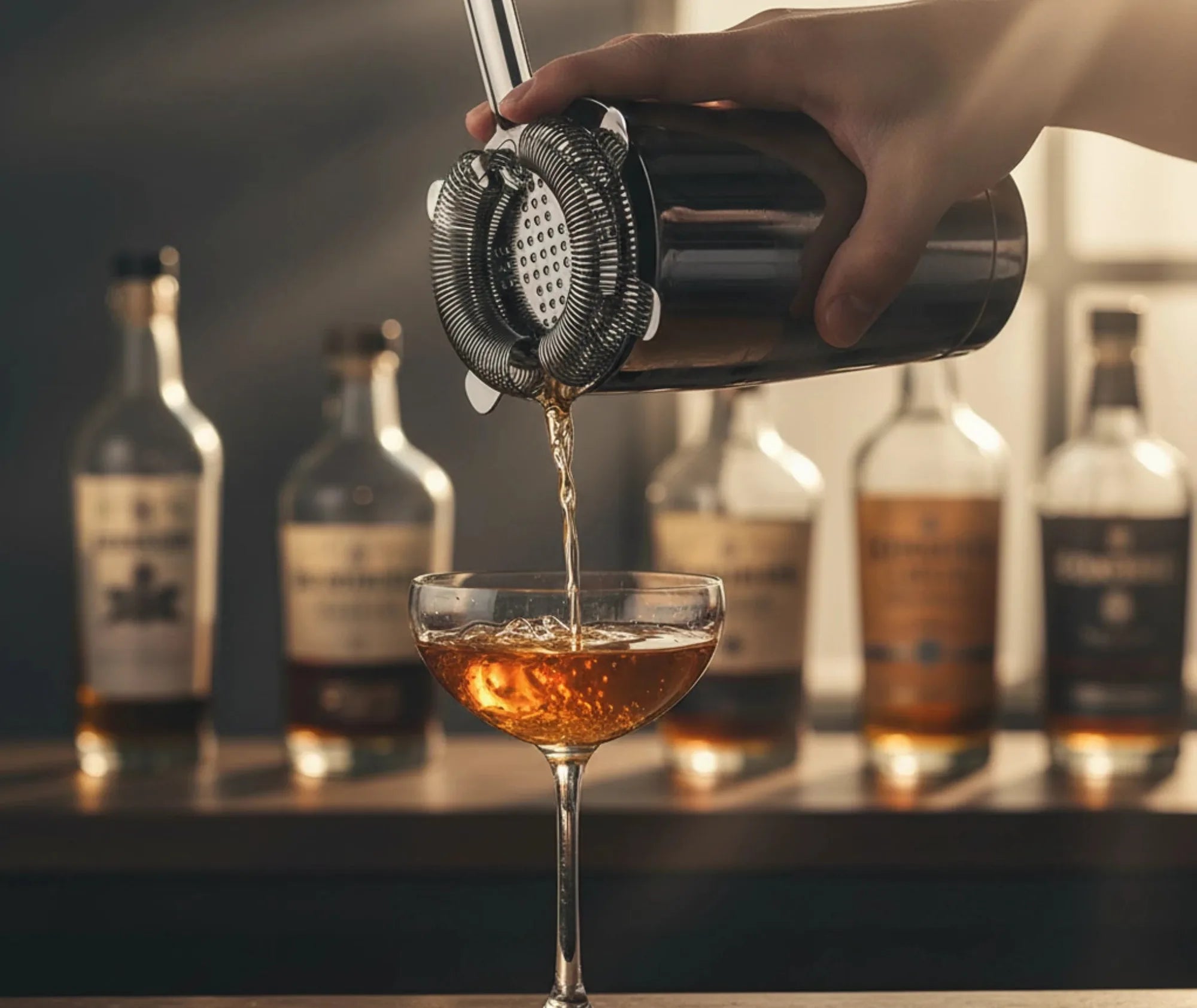 Un barman verse un cocktail ambré à travers la passoire du kit cocktail Boston noir, bouteilles de spiritueux en arrière-plan.