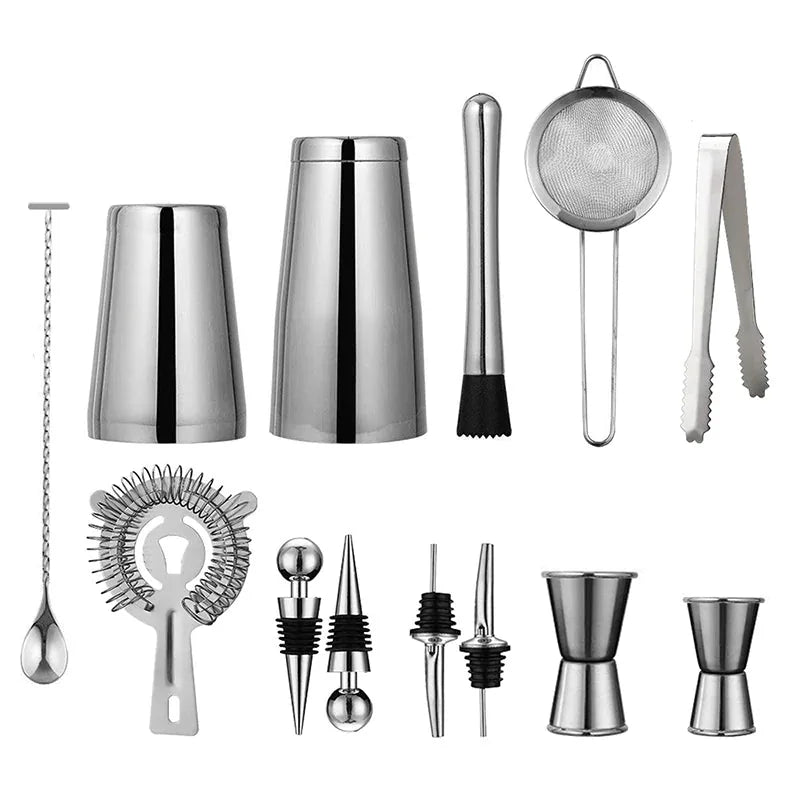 Vue éclatée de tous les accessoires du kit cocktail Boston : shaker, cuillère à mélange, pilon, passoires, jiggers et bouchons verseurs