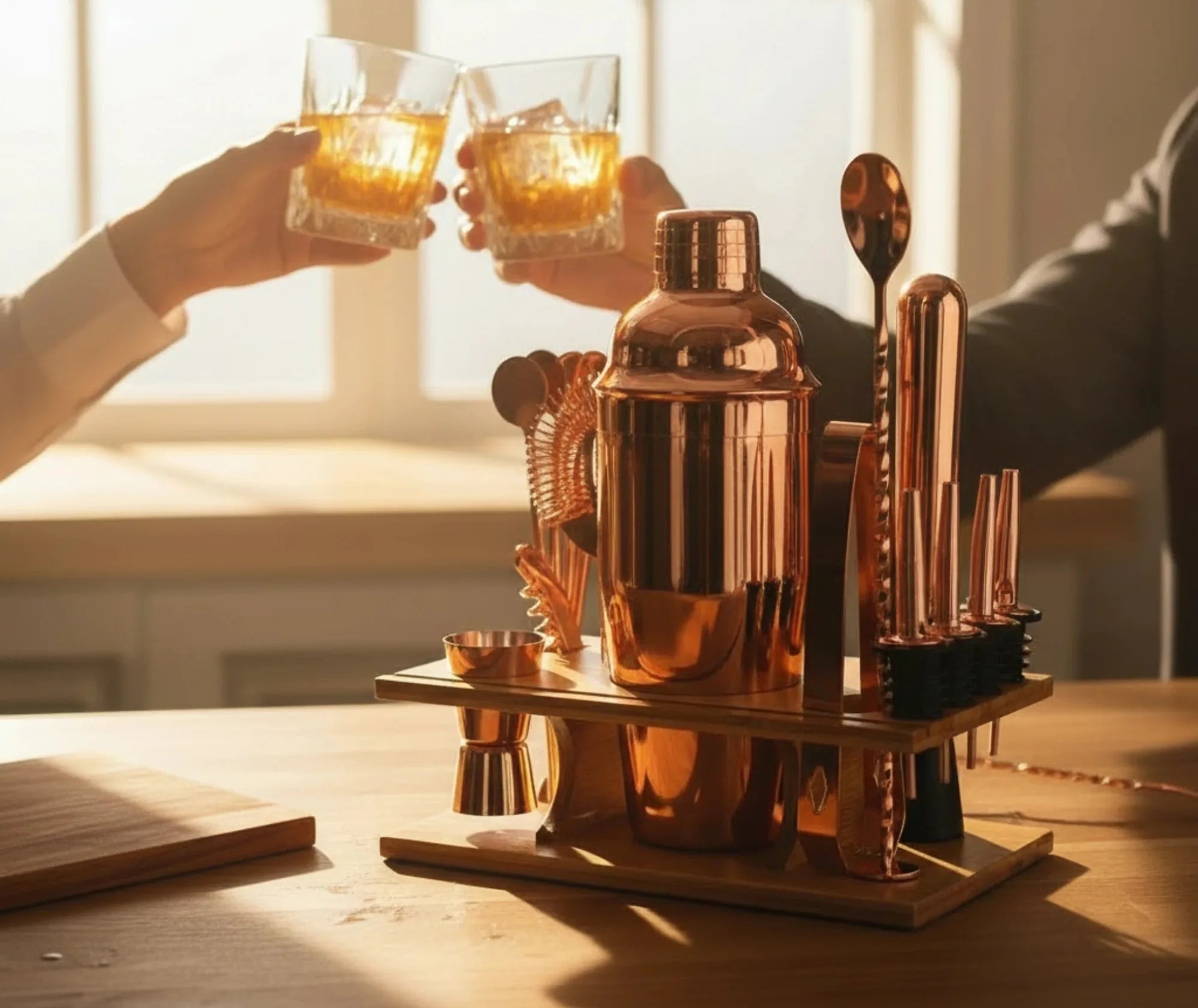 Deux personnes trinquant au whisky avec le kit cocktail cuivre en arrière-plan, lumière dorée