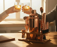 Deux personnes trinquant au whisky avec le kit cocktail cuivre en arrière-plan, lumière dorée