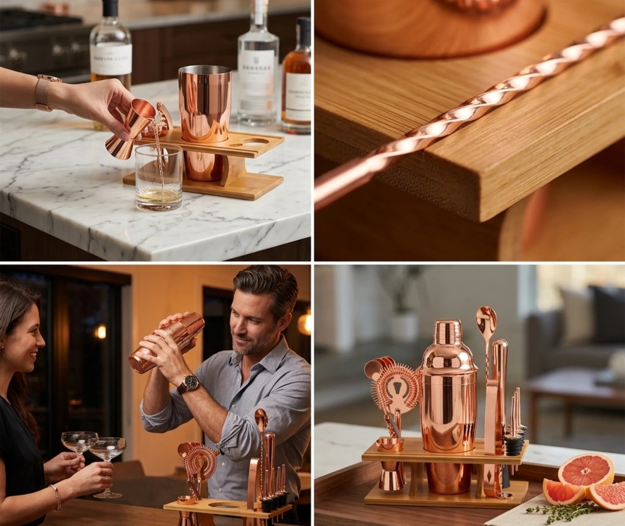 Collage d'utilisation du kit cocktail cuivre : dosage, gros plan cuivré, préparation et présentation du set complet
