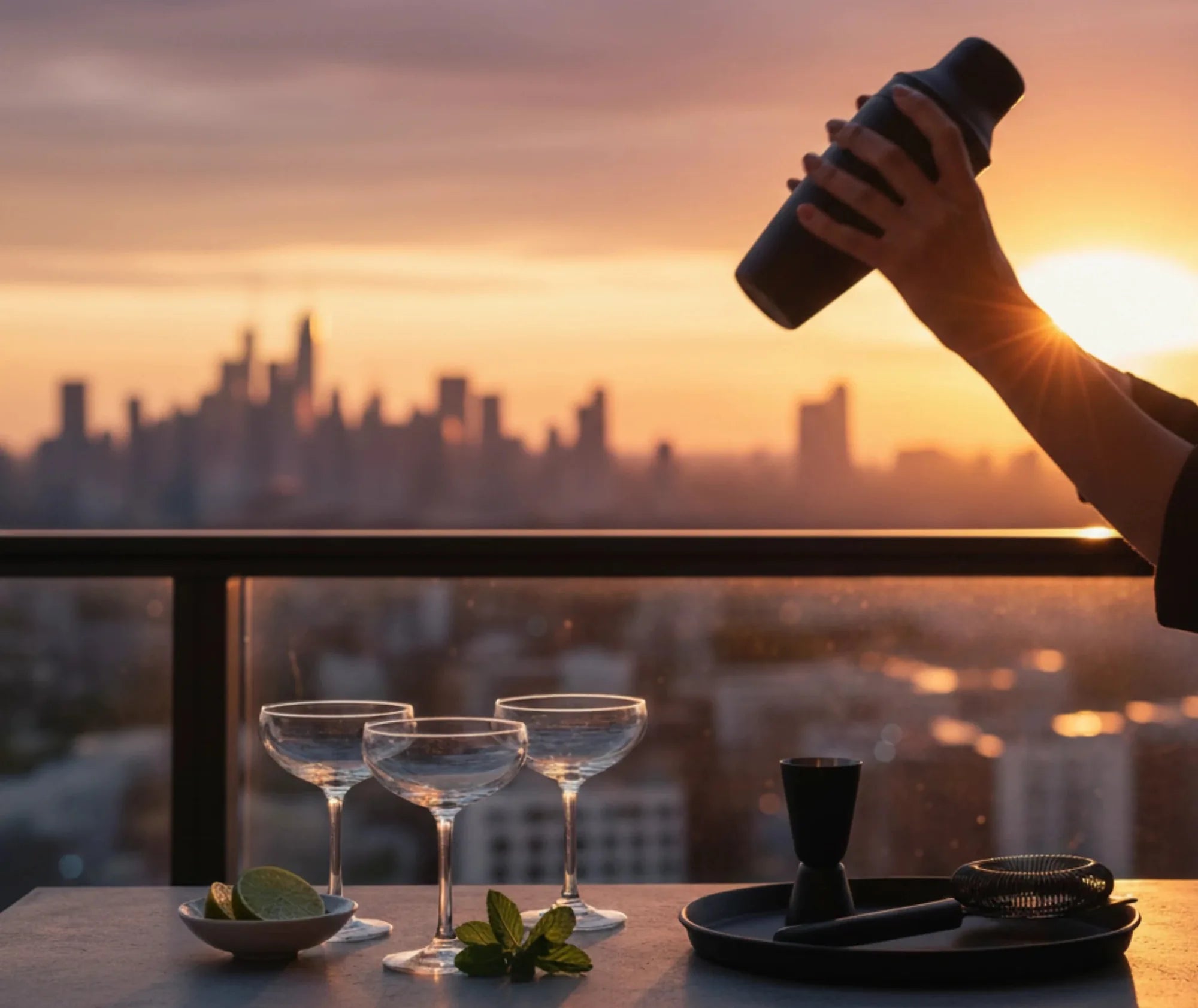Préparation d'un cocktail avec le shaker du kit sur un rooftop au coucher de soleil, verres à cocktail, citron vert et menthe fraîche