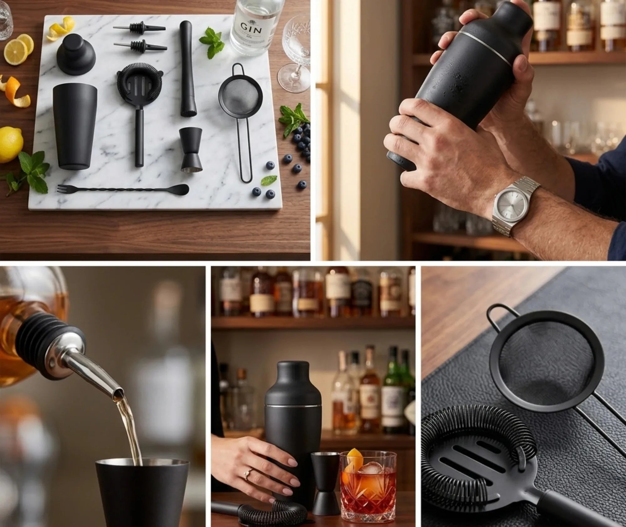 Collage de photos du kit cocktail débutant en situation : accessoires sur plan de travail, préparation d'un cocktail et détails du matériel