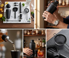 Collage de photos du kit cocktail débutant en situation : accessoires sur plan de travail, préparation d'un cocktail et détails du matériel