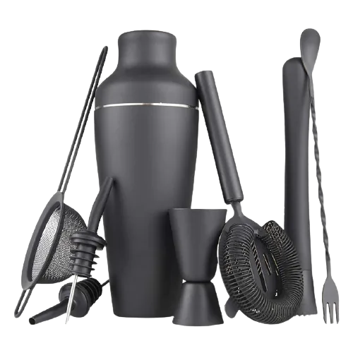 Kit cocktail débutant complet : shaker, doseur, passoires, pilon et cuillère à mélange noirs sur fond transparent