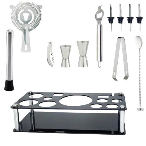 Kit cocktail DIY avec accessoires démontés et présentés à côté du support noir, sur fond blanc