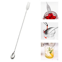 Cuillère de bar à spirale avec fourchette à cerise, illustrée en situation pour piquer une cerise, verser un sirop et préparer un cocktail.
