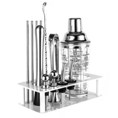 Kit cocktail shaker transparent complet avec son présentoir blanc regroupant tous les accessoires de bar.