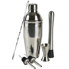 Kit cocktail complet avec shaker inox, cuillère à mélange, pilon, doseur double et becs verseurs sur fond blanc