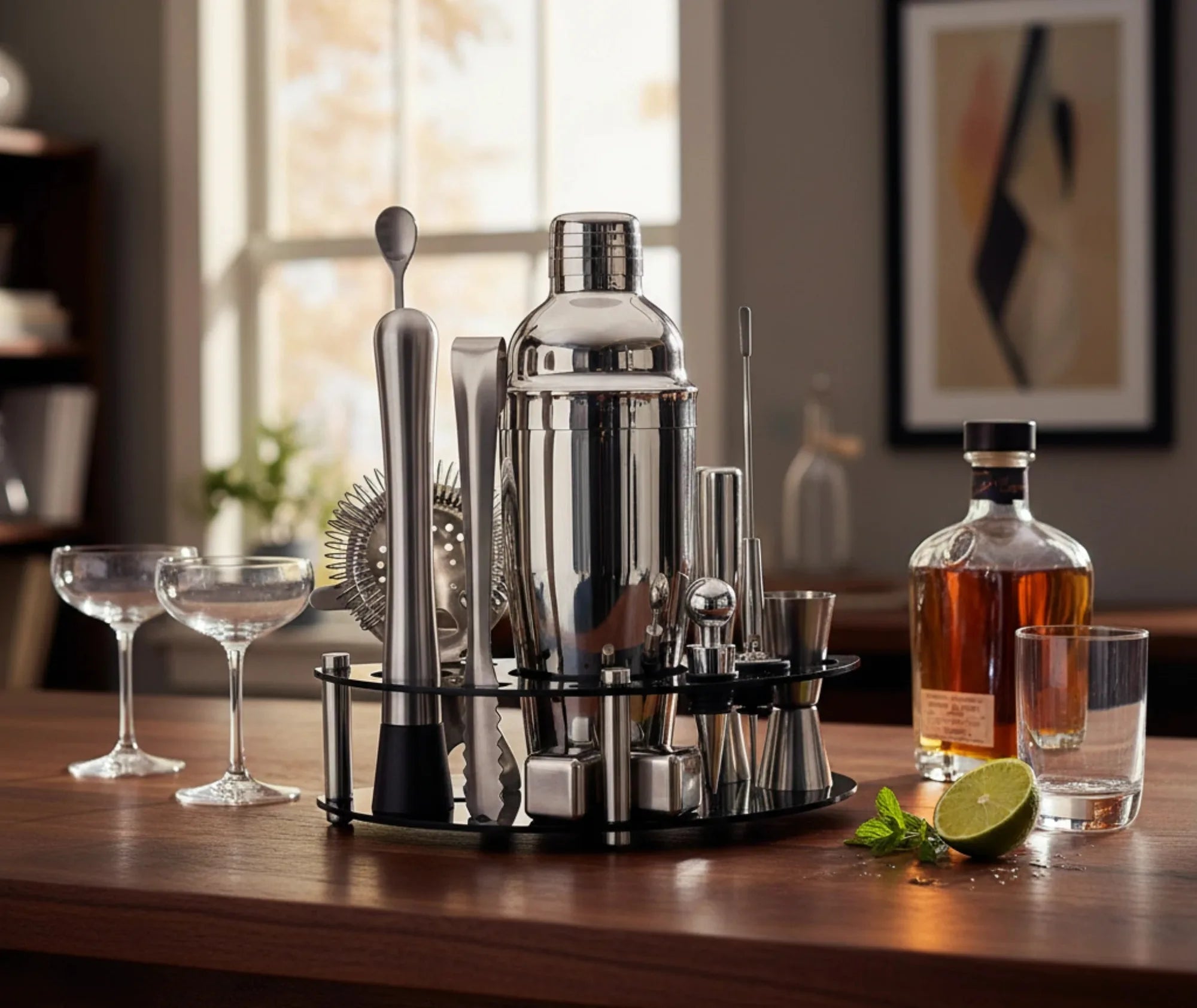 Kit cocktail Grand Prestige installé sur un bar avec verres à cocktail, bouteille de whisky et citron vert