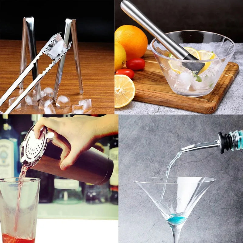 Collage de quatre détails d'utilisation : pince à glaçons, pilon écrasant un citron, versage du shaker et bec verseur