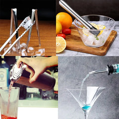 Collage de quatre détails d'utilisation : pince à glaçons, pilon écrasant un citron, versage du shaker et bec verseur