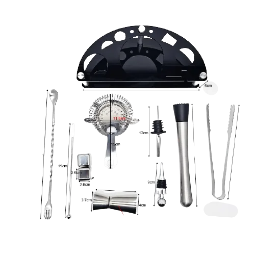 Schéma technique du kit cocktail indiquant les dimensions en centimètres de chaque accessoire