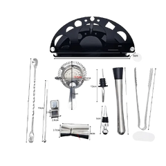 Schéma technique du kit cocktail indiquant les dimensions en centimètres de chaque accessoire