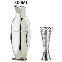 Kit de base de deux pièces : shaker pingouin 500 ml et doseur double 30/60 ml.