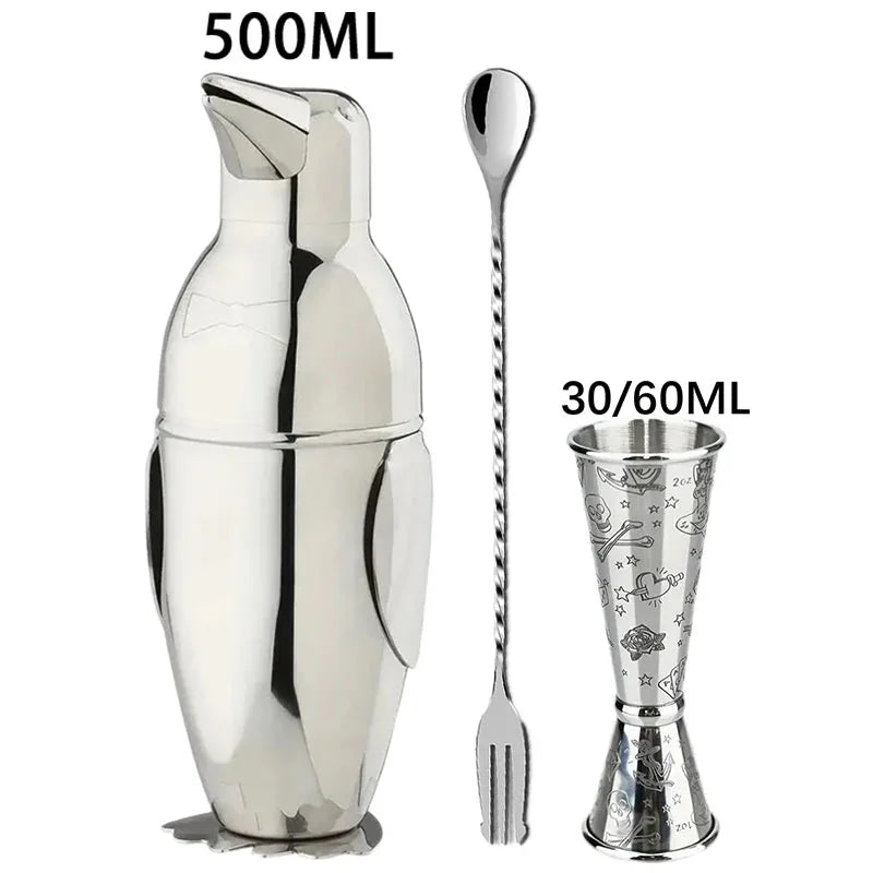 Kit avancé de trois pièces : shaker pingouin 500 ml, cuillère à mélange torsadée et doseur double 30/60 ml.