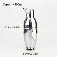 Shaker à cocktail pingouin en inox avec ses dimensions annotées, hauteur 214 mm et diamètre 85 mm, pour une contenance de 500 ml.